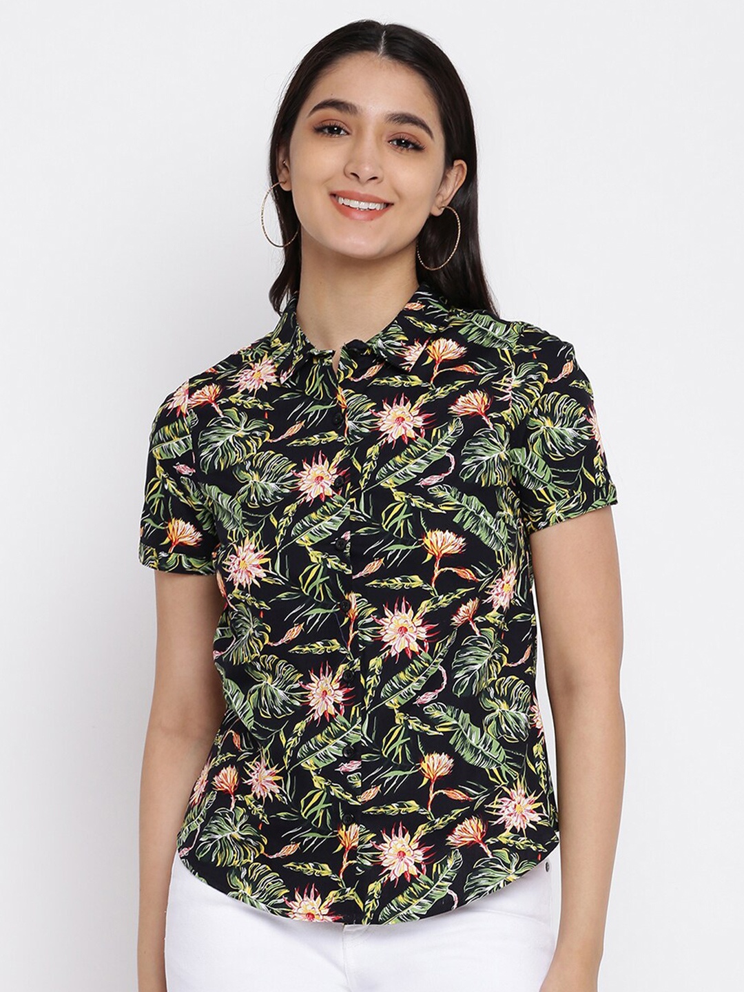 

abof Black & Green Floral Print Tropical Top
