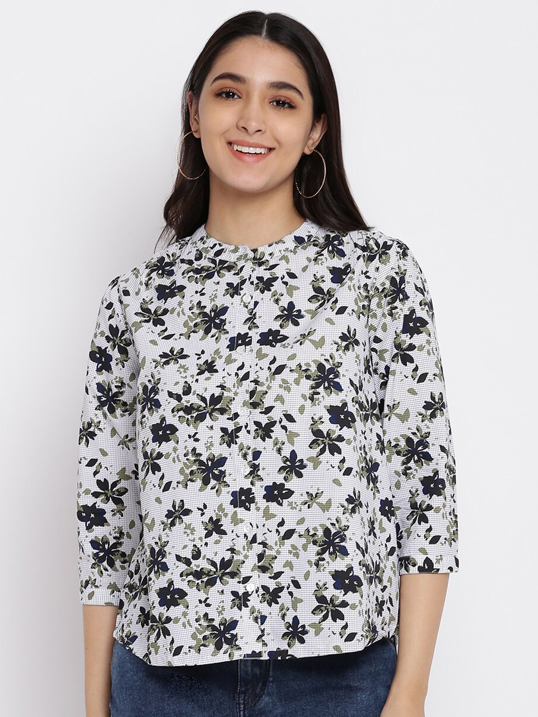 

abof Off White & Green Floral Print Top