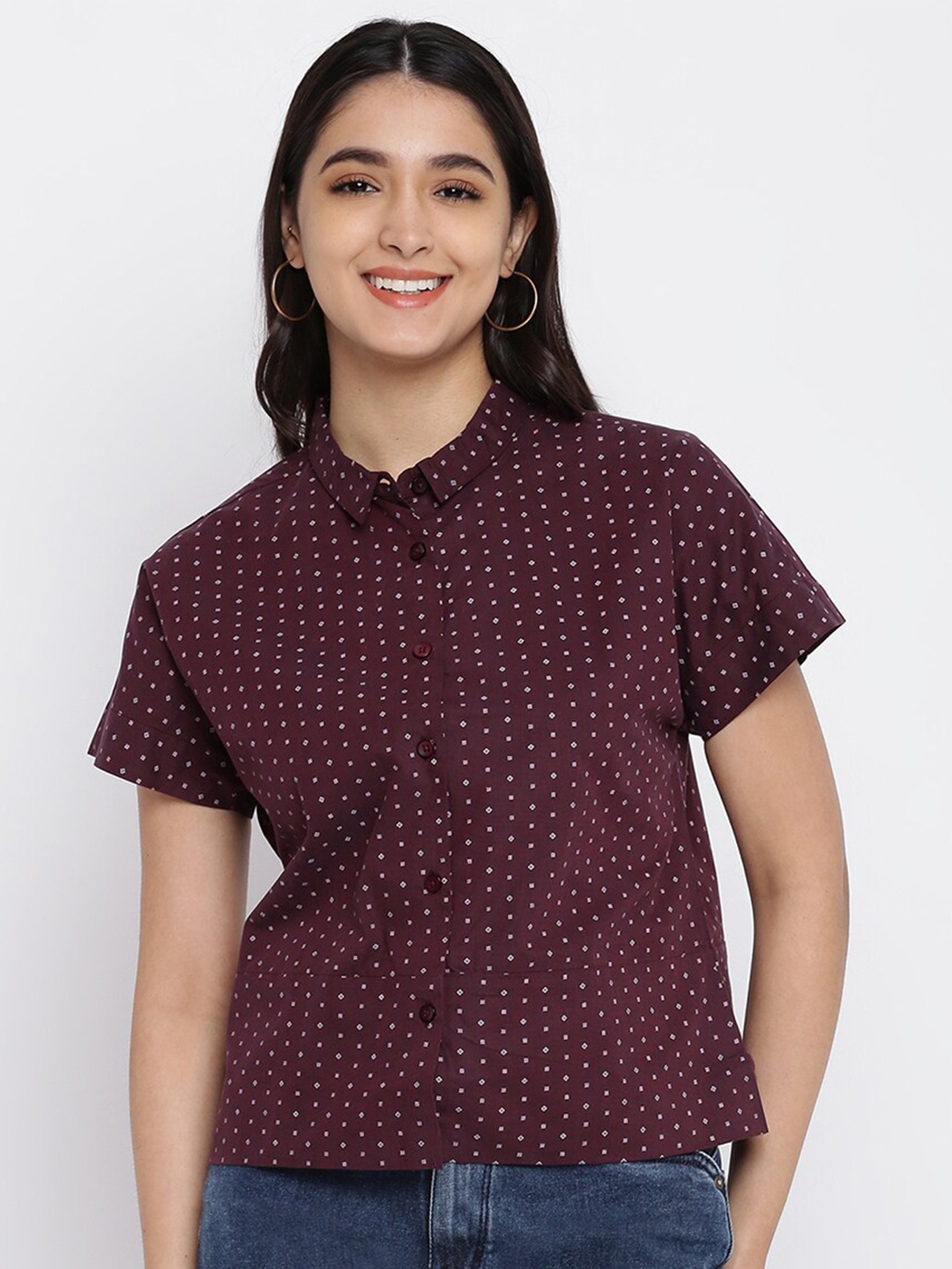 

abof Burgundy Print Shirt Style Top