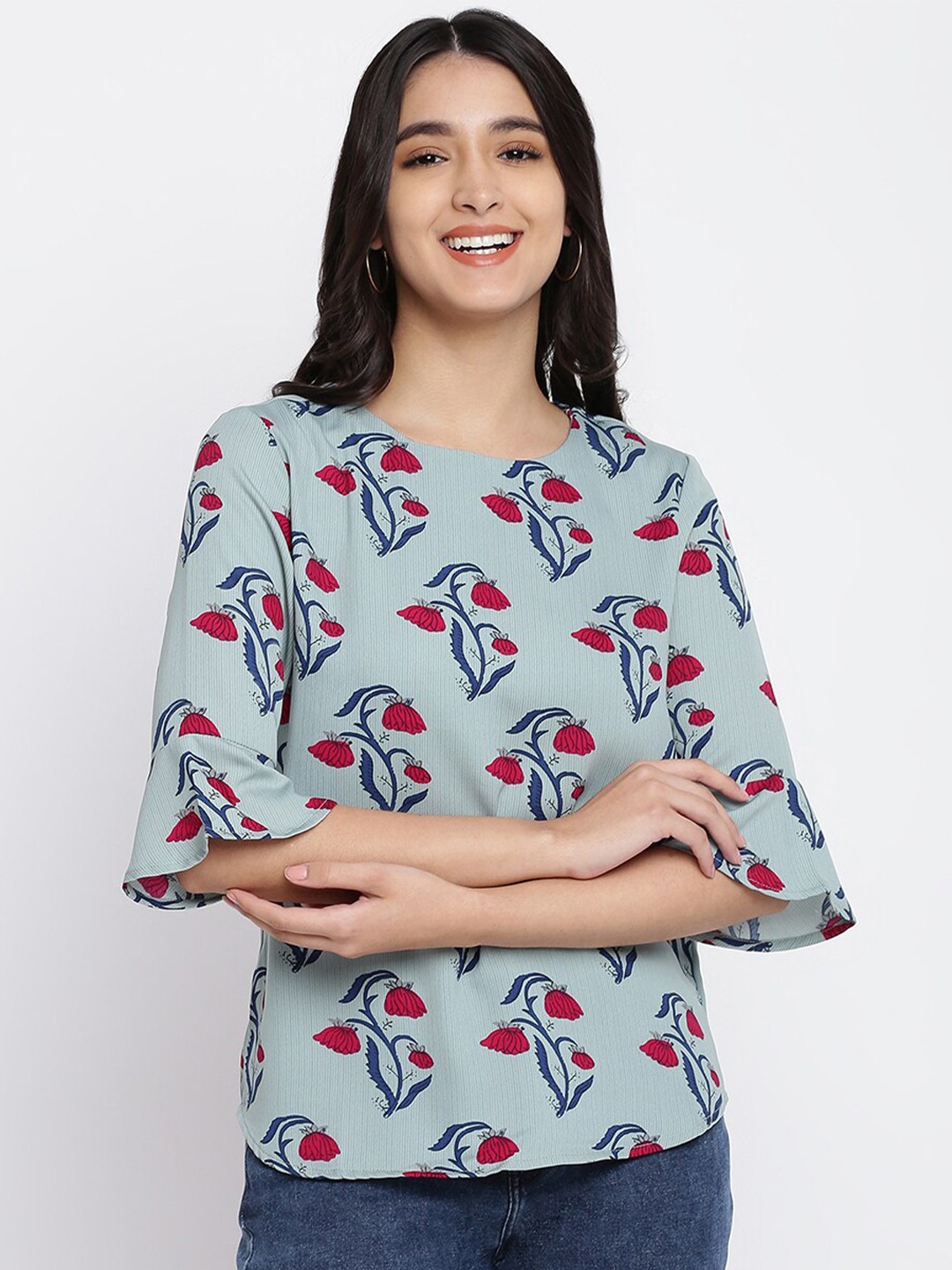 

abof Blue Round Neck Floral Print Top