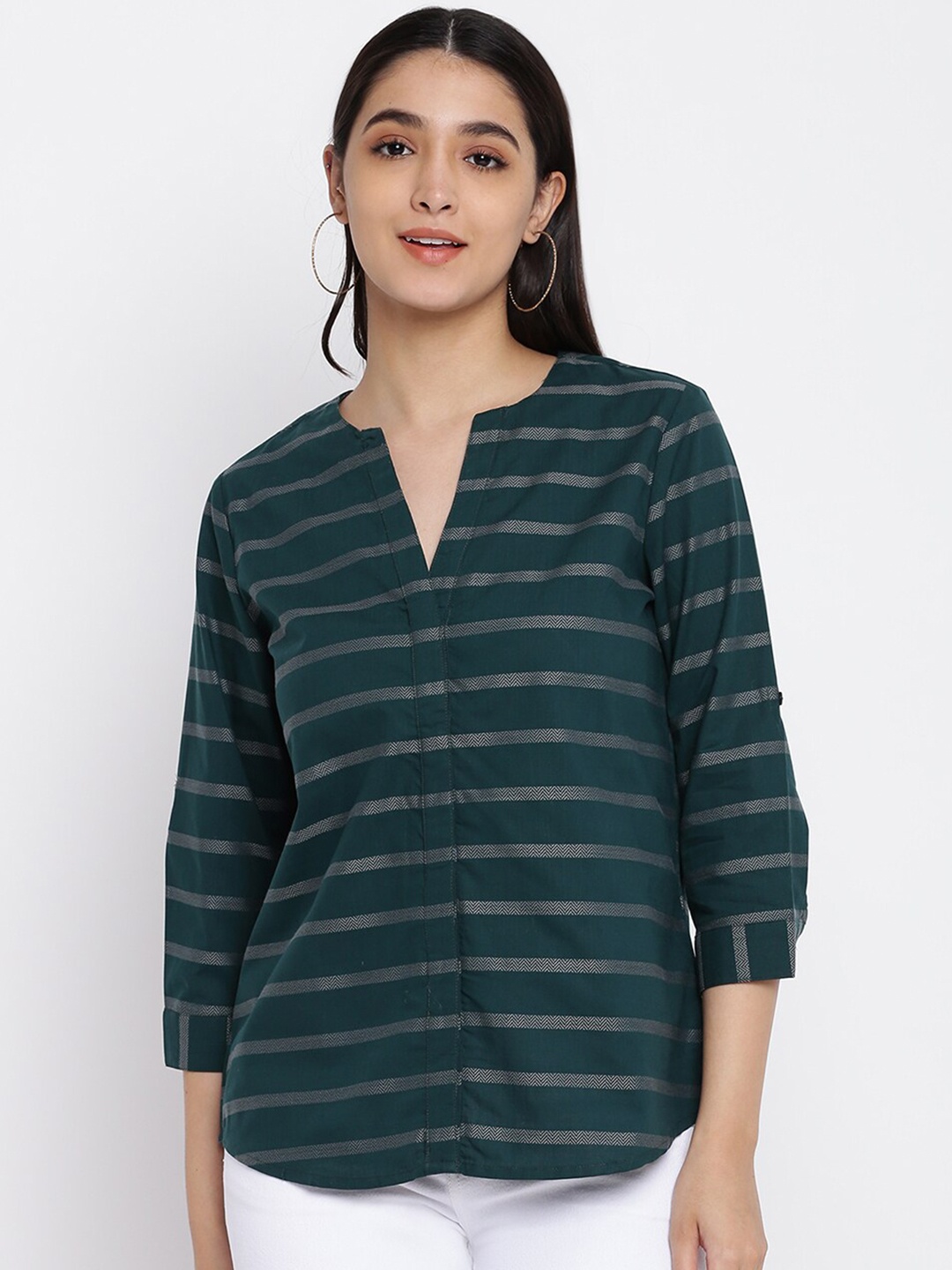 

abof Women Green Horizontal Striped High Low Top