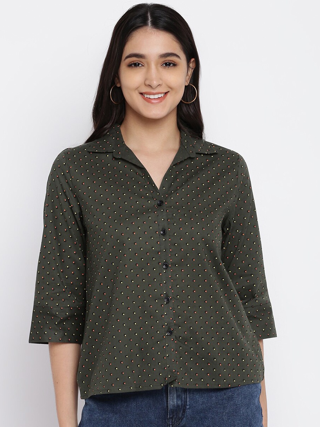 

abof Women Green Printed Casual Cotton Shirt