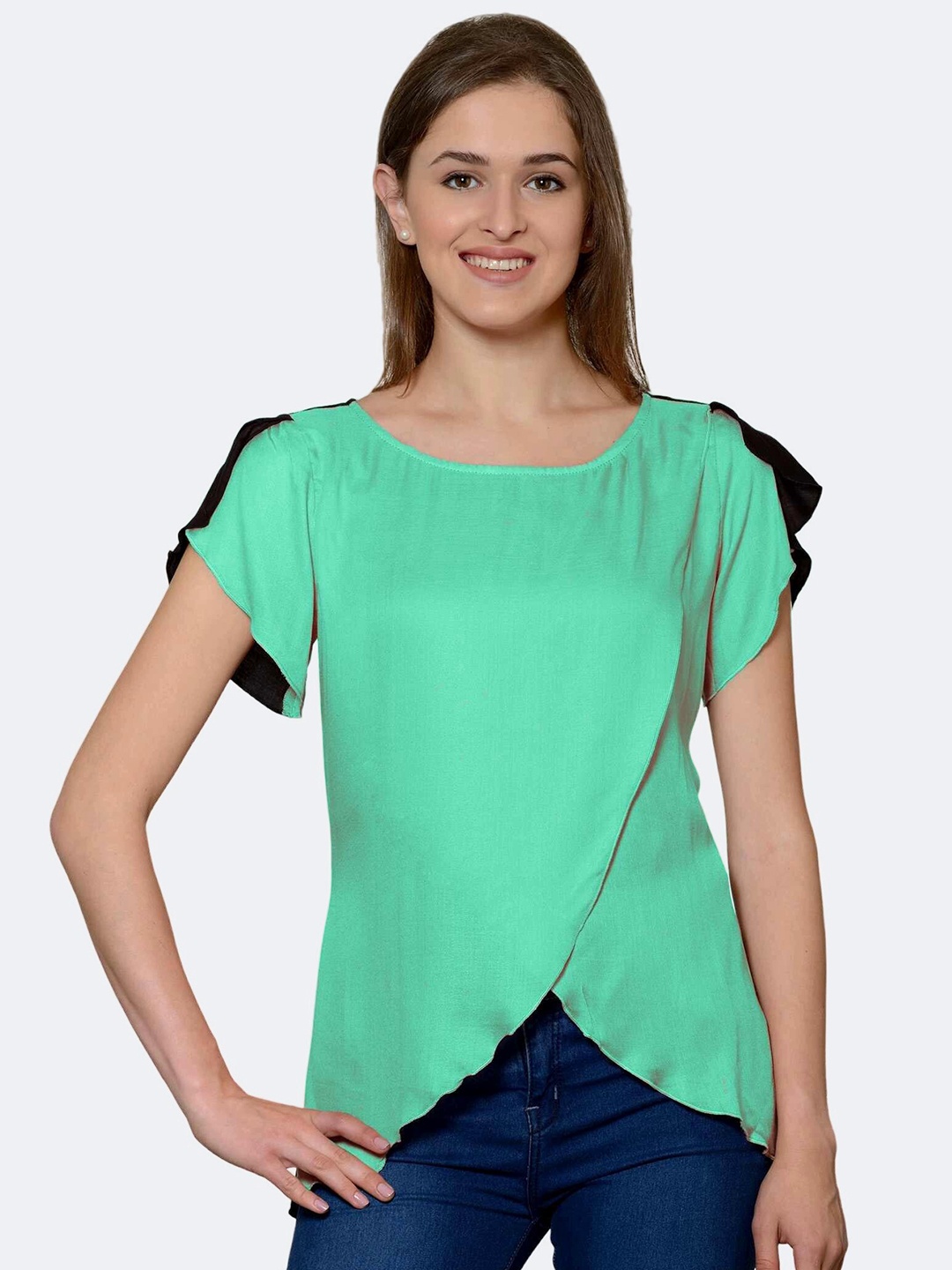 

PATRORNA Women Sea Green & Black Layered Wrap Top