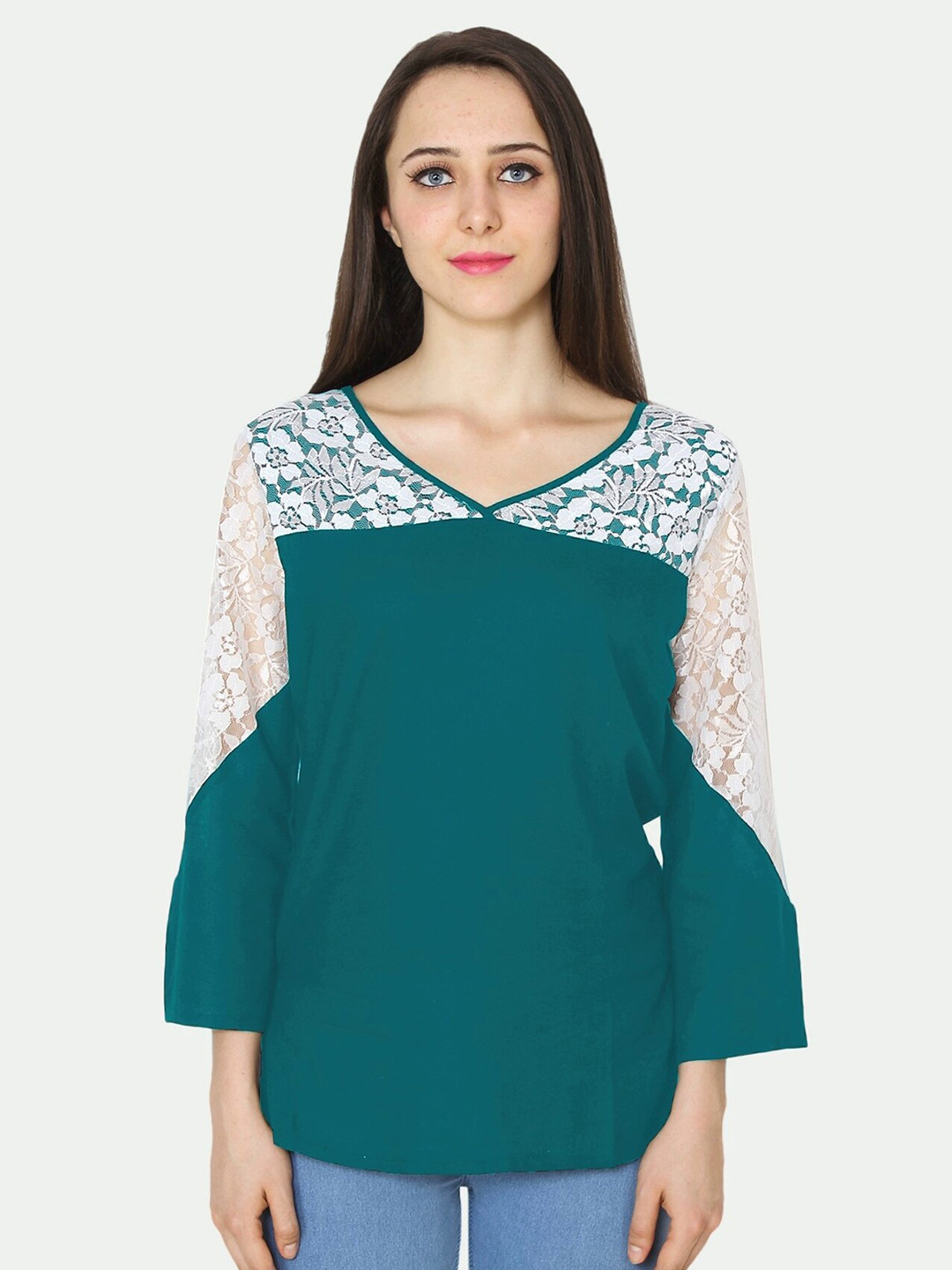 

PATRORNA Plus Size Women Green And White Lace Up Detail Top