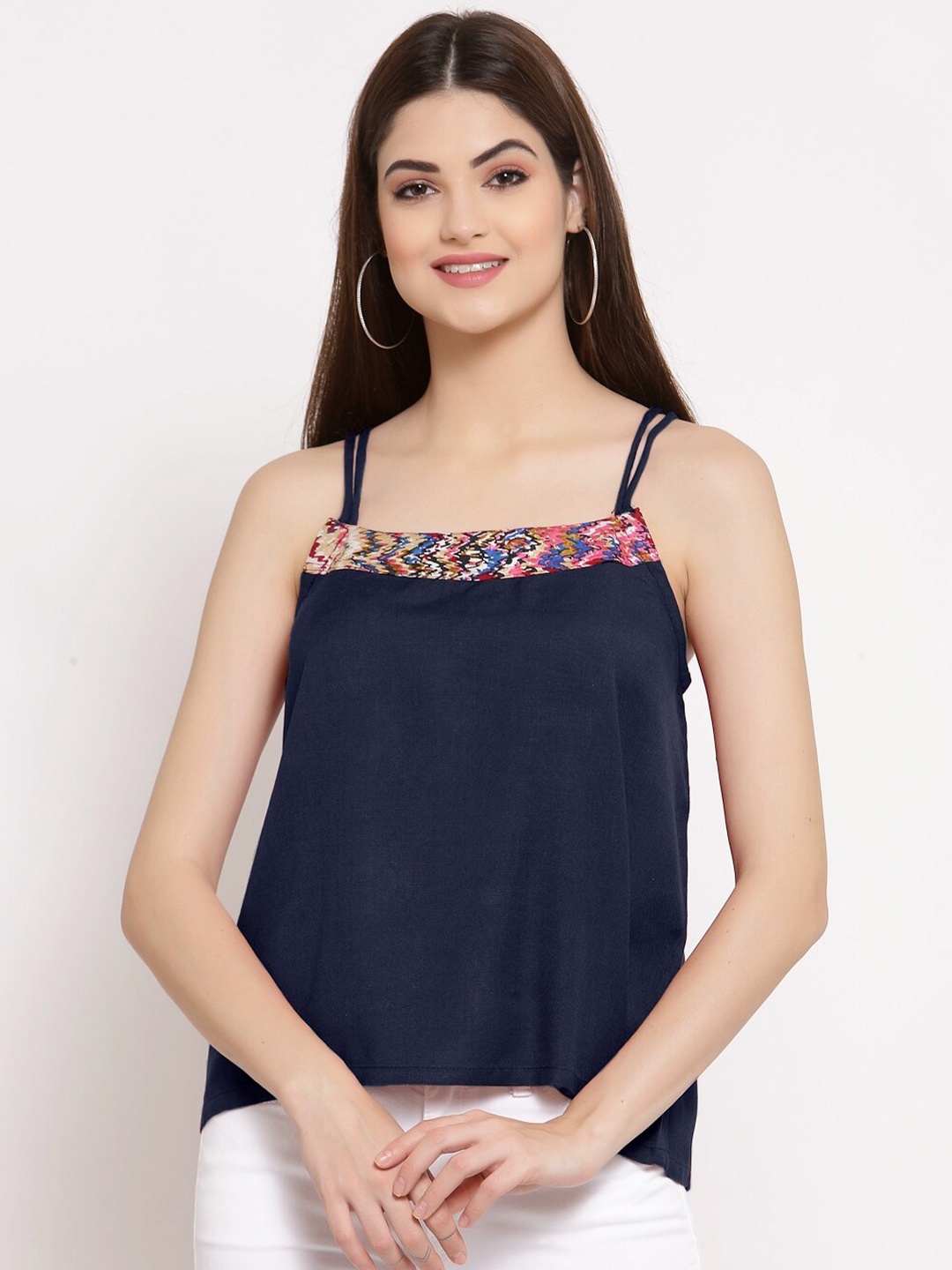 

PATRORNA Plus Size Women Blue And Pink Solid Shoulder Strap Crop Top