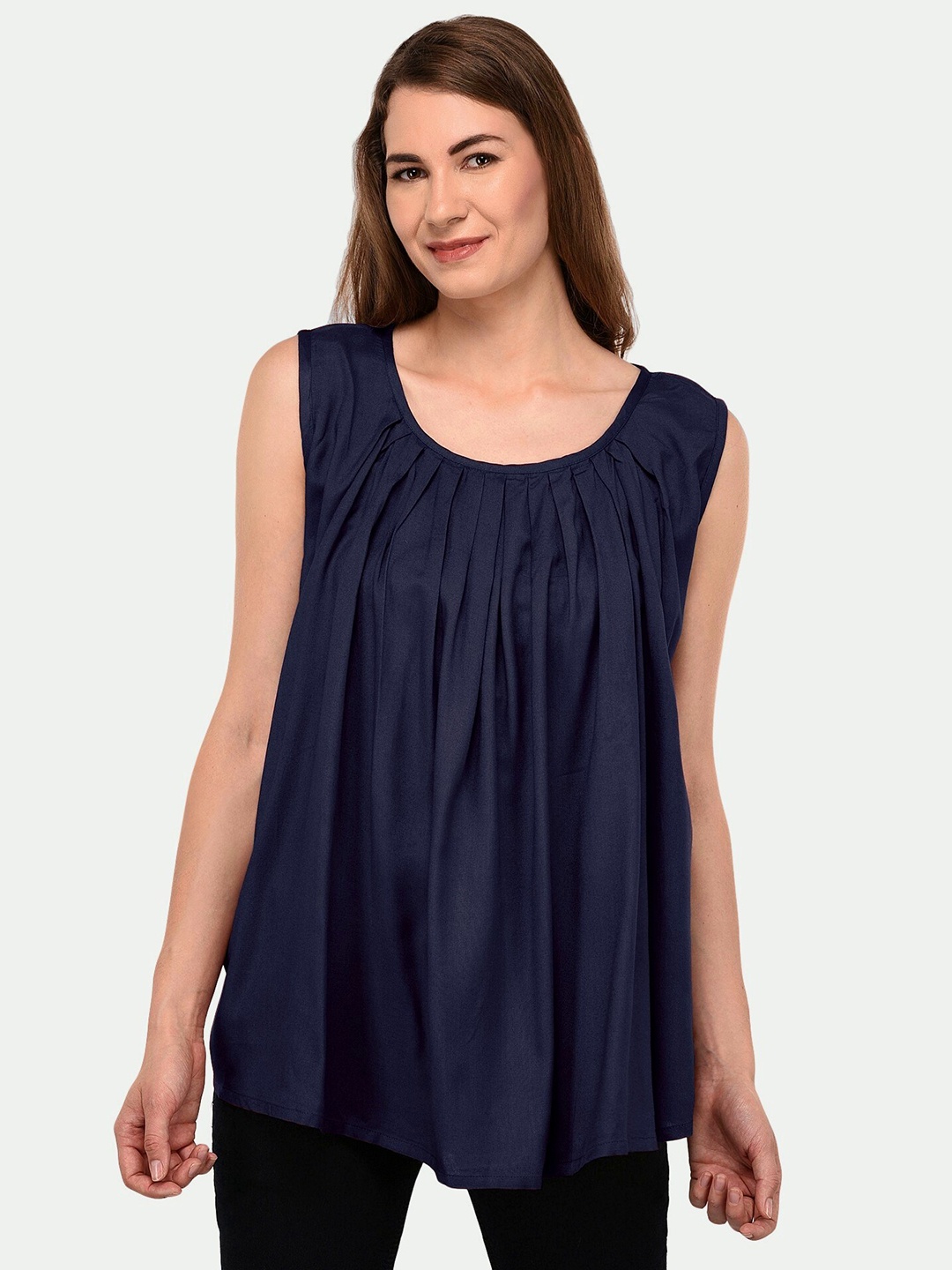 

PATRORNA Plus Size Women Navy Blue Pleated Sleeveless Top