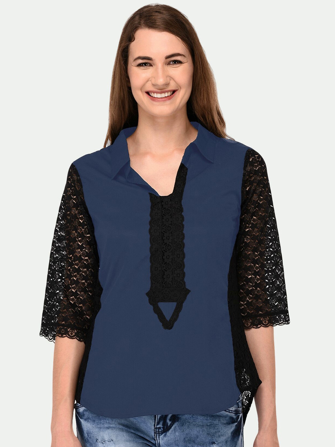 

PATRORNA Plus Size Lace-Detail Top, Navy blue