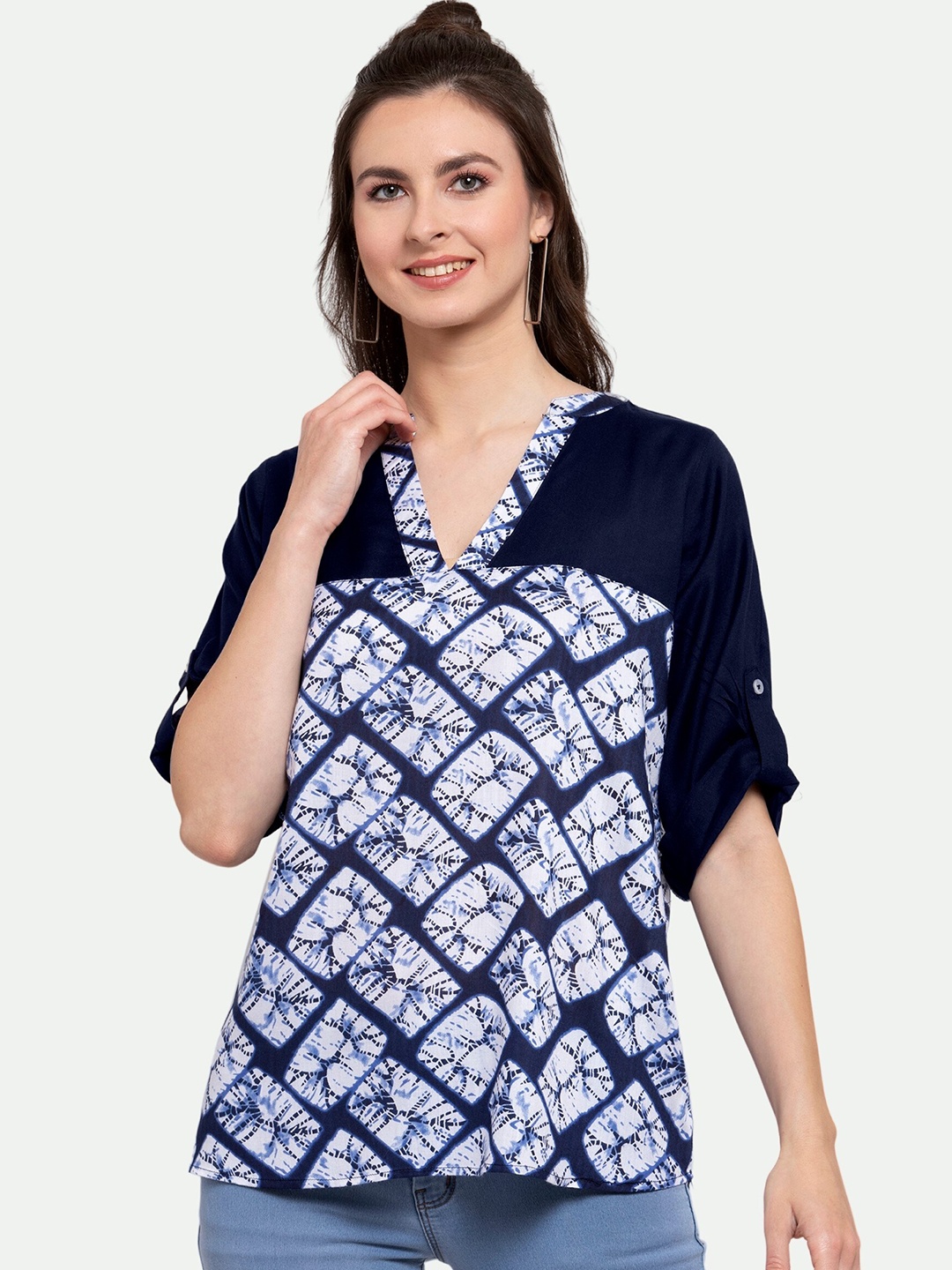 

PATRORNA Women Blue & White Print Mandarin Collar Roll-Up Sleeves Shirt Style Top