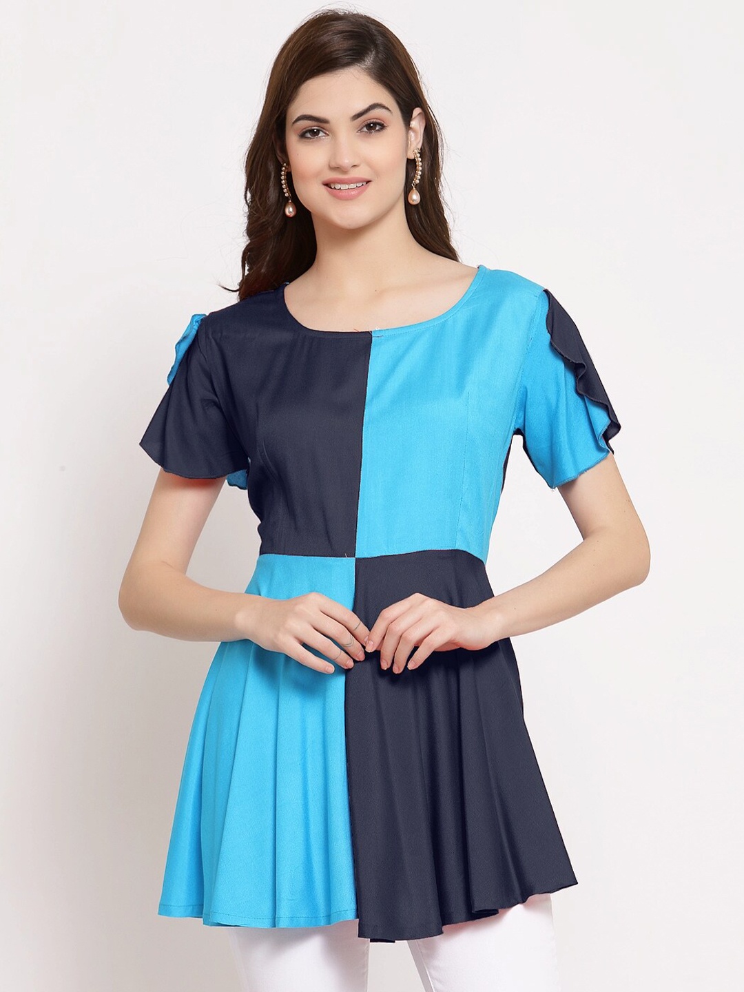

PATRORNA Women Blue & Navy Blue Colourblocked Peplum Top