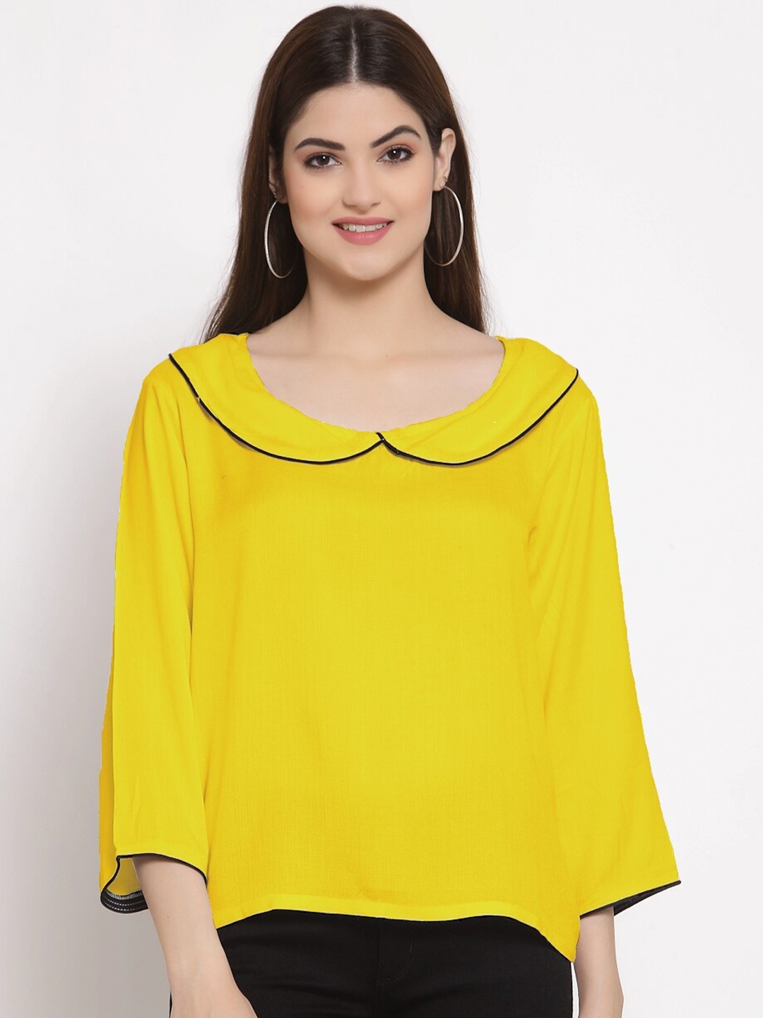 

PATRORNA Women Mustard Yellow Peter Pan Collar Top