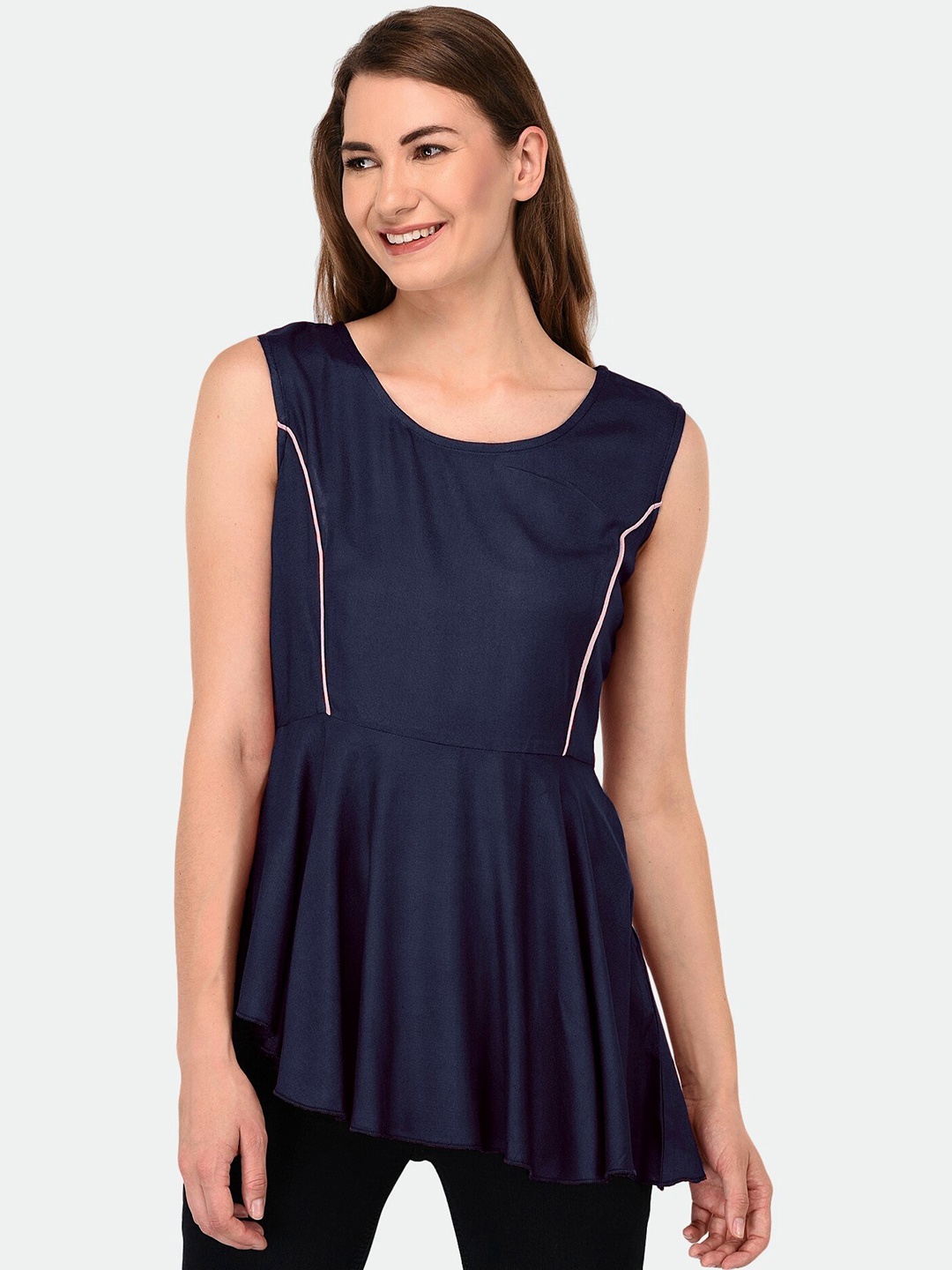 

PATRORNA Plus Size Women Blue Twisted Asymmetric Hem Peplum Top