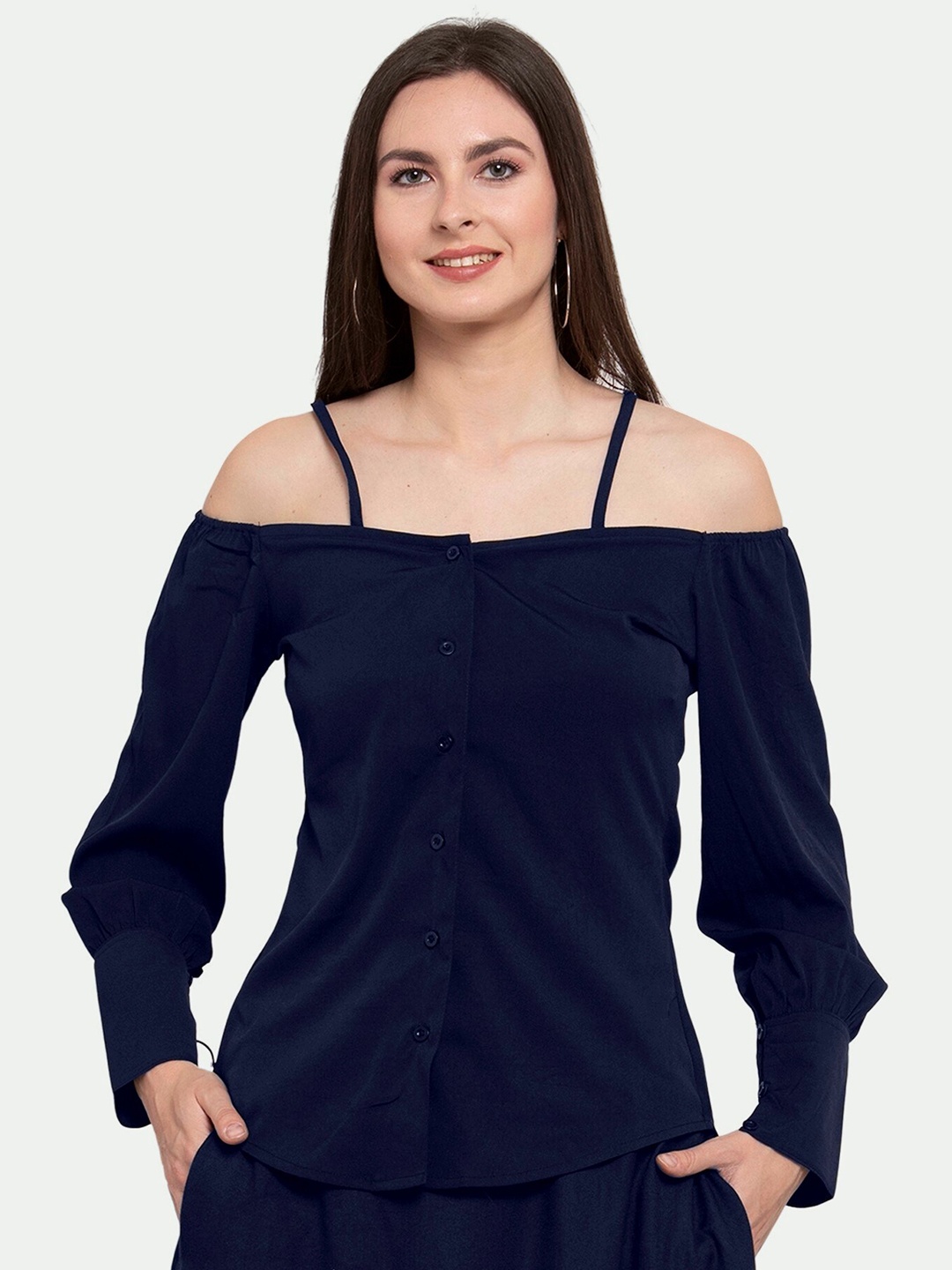 

PATRORNA Plus Size Women Navy Blue Shoulder Strap Long Sleeves Top