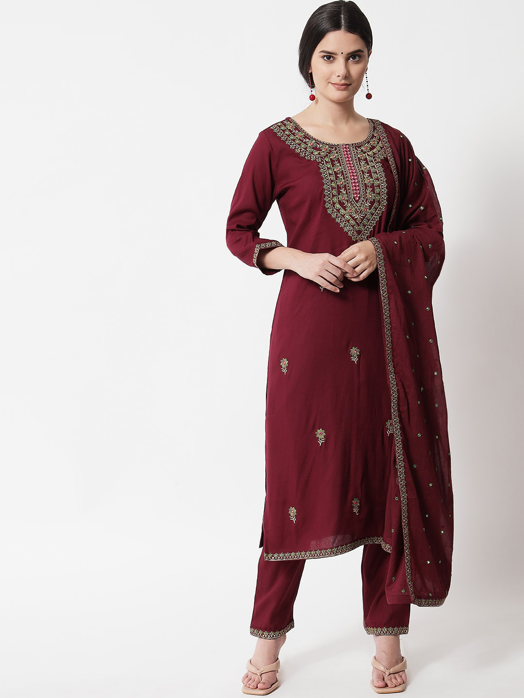 

IkDaiya Women Floral Embroidered Kurta With Trousers & Dupatta, Maroon