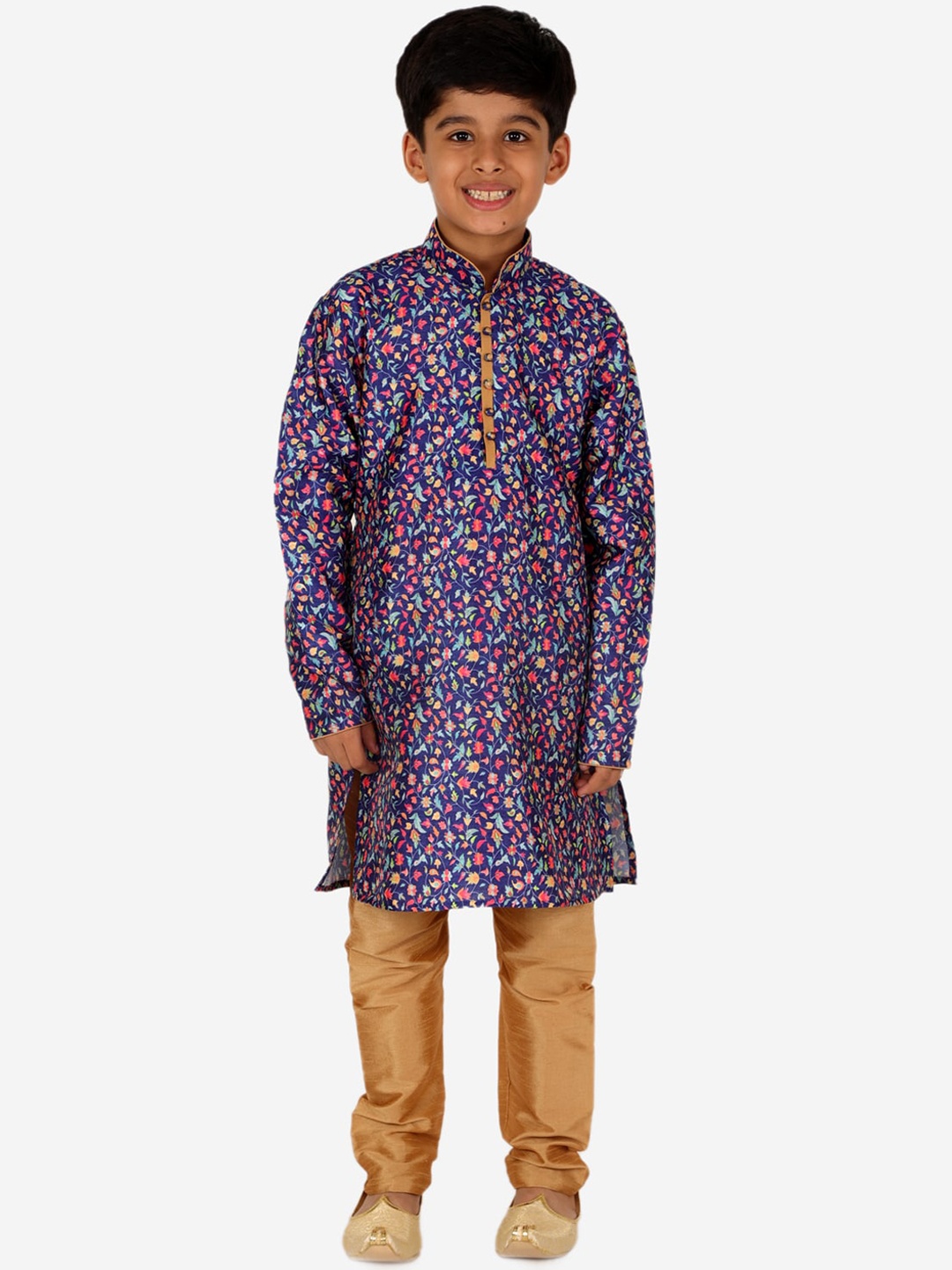 

Pro-Ethic STYLE DEVELOPER Boys Floral Printed Pure Silk Straight Kurta with Churidar, Navy blue