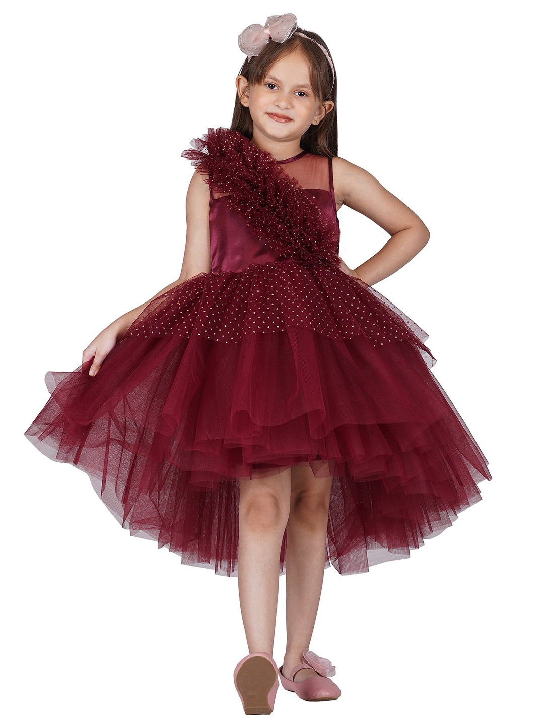 

Toy Balloon kids Girls Maroon Ruffled Bodice Hi-Low Party Wear Dress