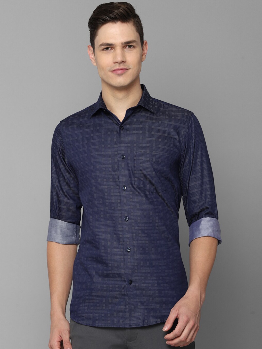 

Allen Solly Men Slim Fit Grid Tattersall Checked Cotton Casual Shirt, Navy blue
