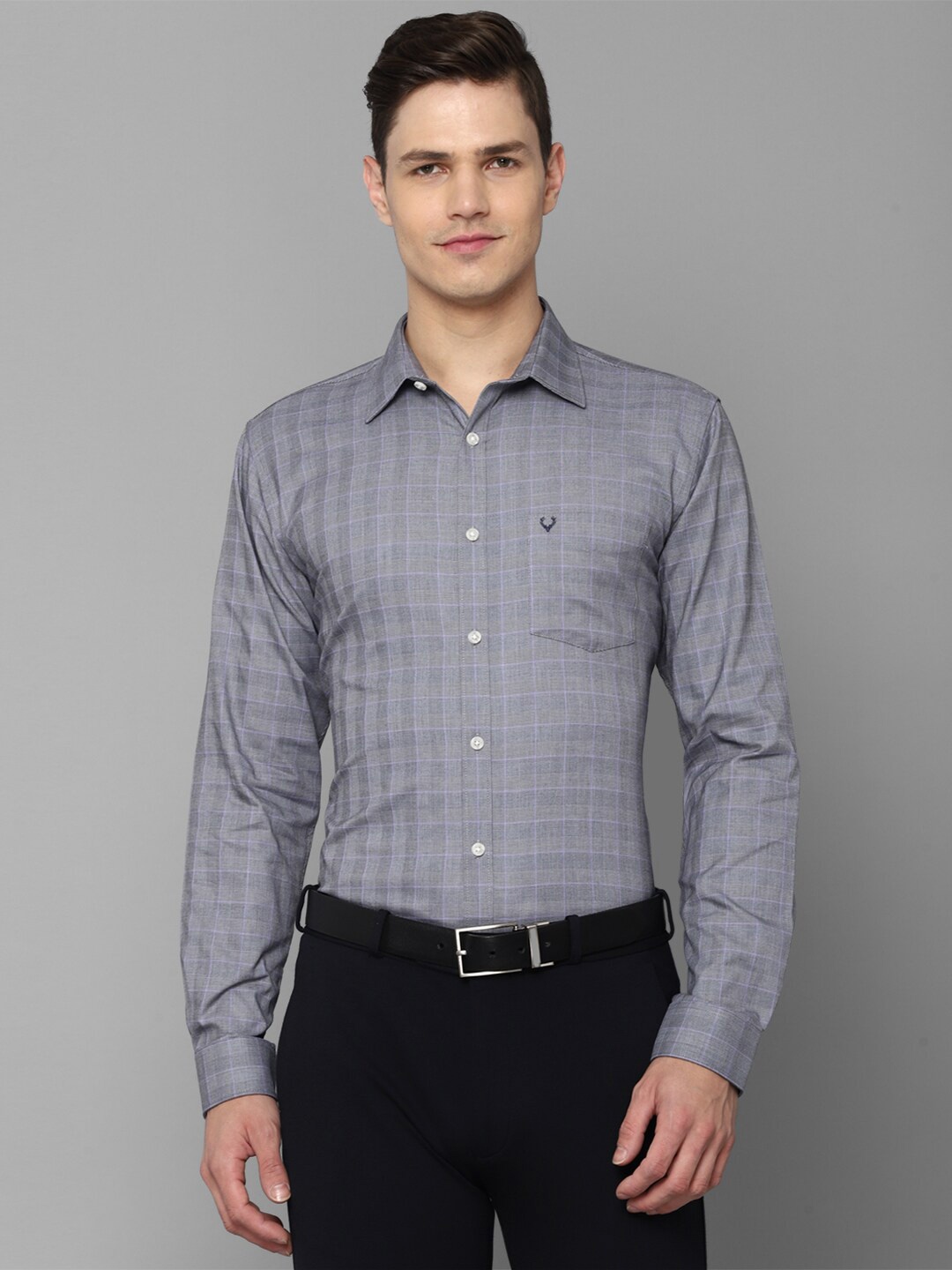 

Allen Solly Men Grey Slim Fit Pure Cotton Checked Formal Shirt