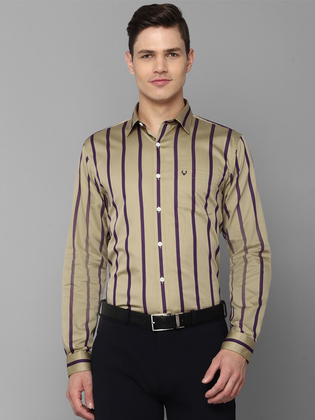 

Allen Solly Men Khaki Slim Fit Striped Formal Shirt