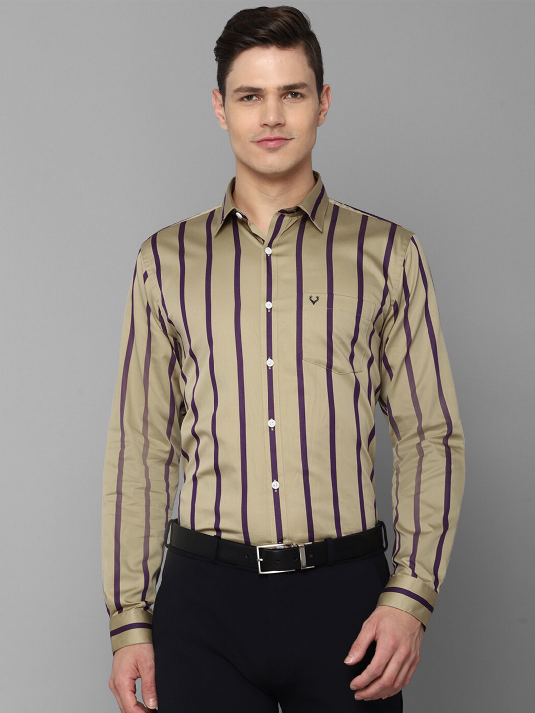

Allen Solly Men Khaki Slim Fit Striped Roll-Up Sleeves Pure Cotton Formal Shirt