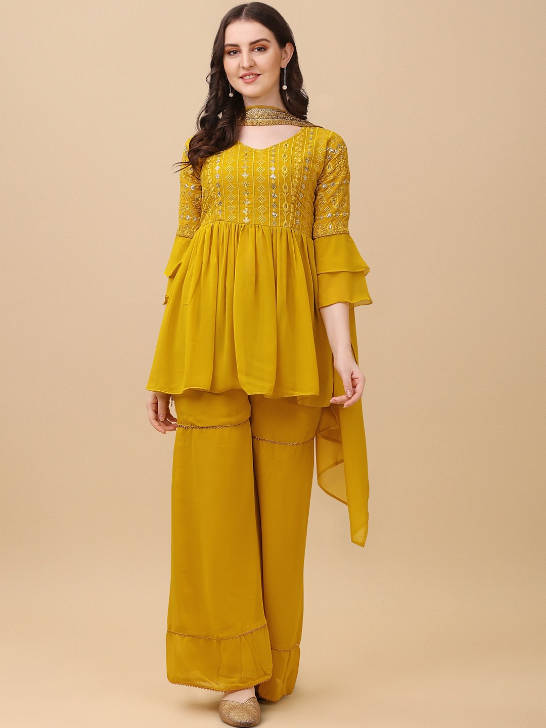 

Virah Fashion Women Yellow Floral Embroidered Kurta with Palazzos & With Dupatta