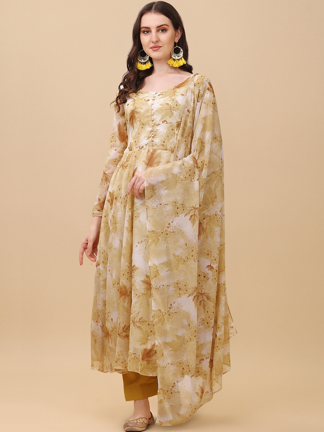 Virah Fashion Women Floral Printed Kurta with Trousers & With Dupatta, Beige