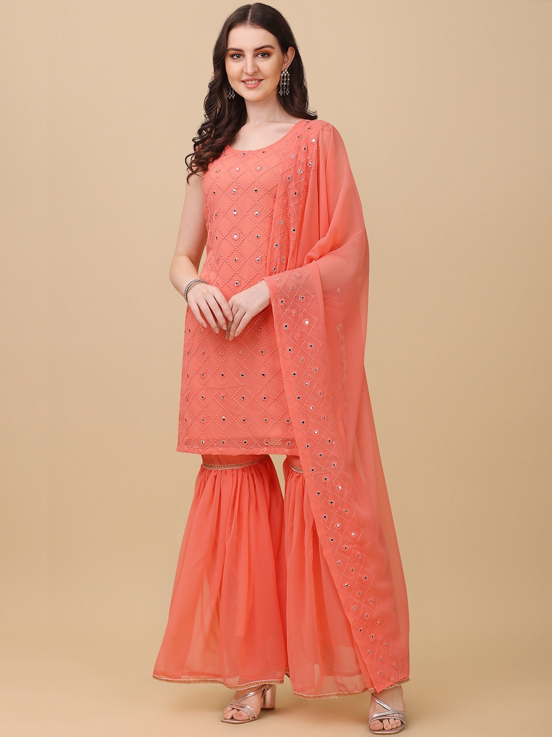 

Virah Fashion Women Floral Embroidered Mirror Work Kurta with Sharara & With Dupatta, Peach