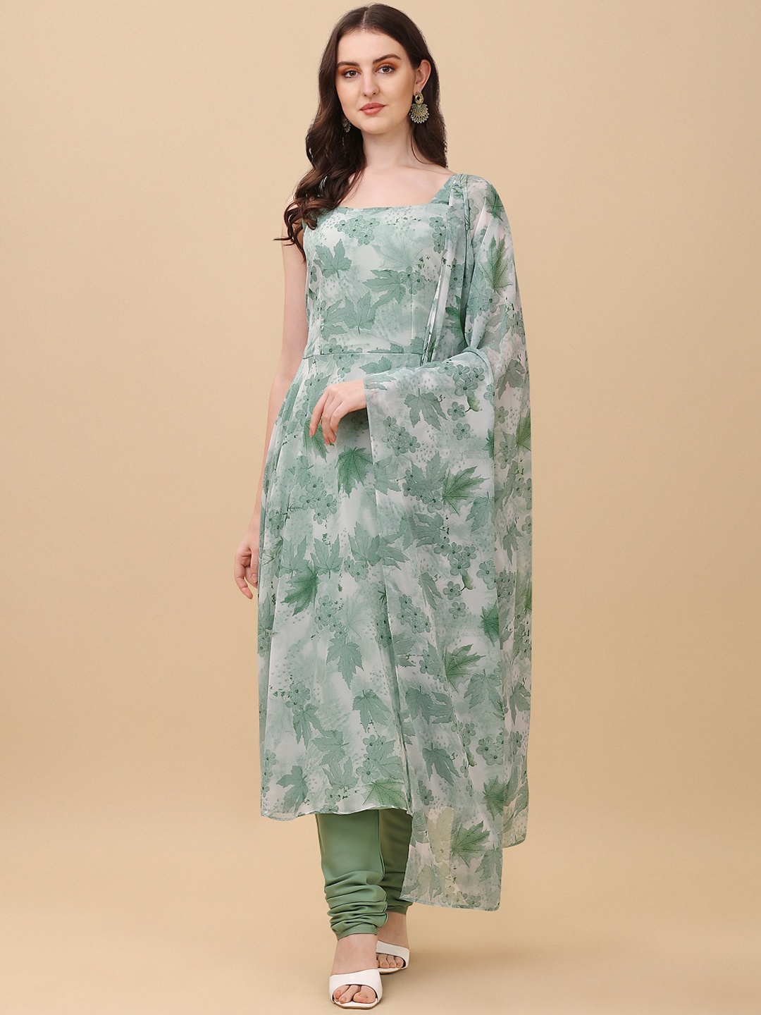 

Virah Fashion Women Green Floral Printed Kurta with Churidar & Dupatta