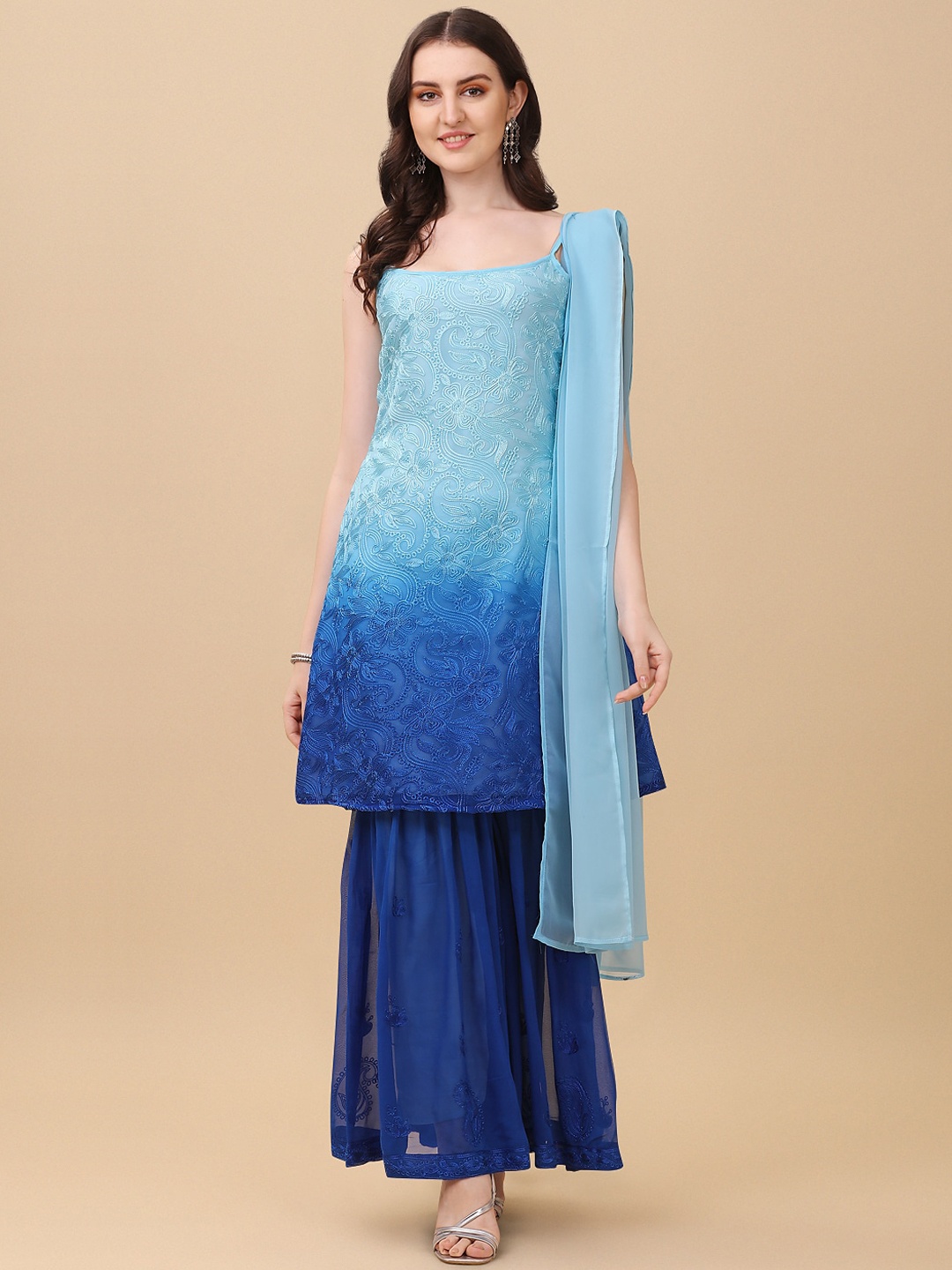 

Virah Fashion Women Blue Floral Embroidered Thread Work Kurta with Sharara & With Dupatta