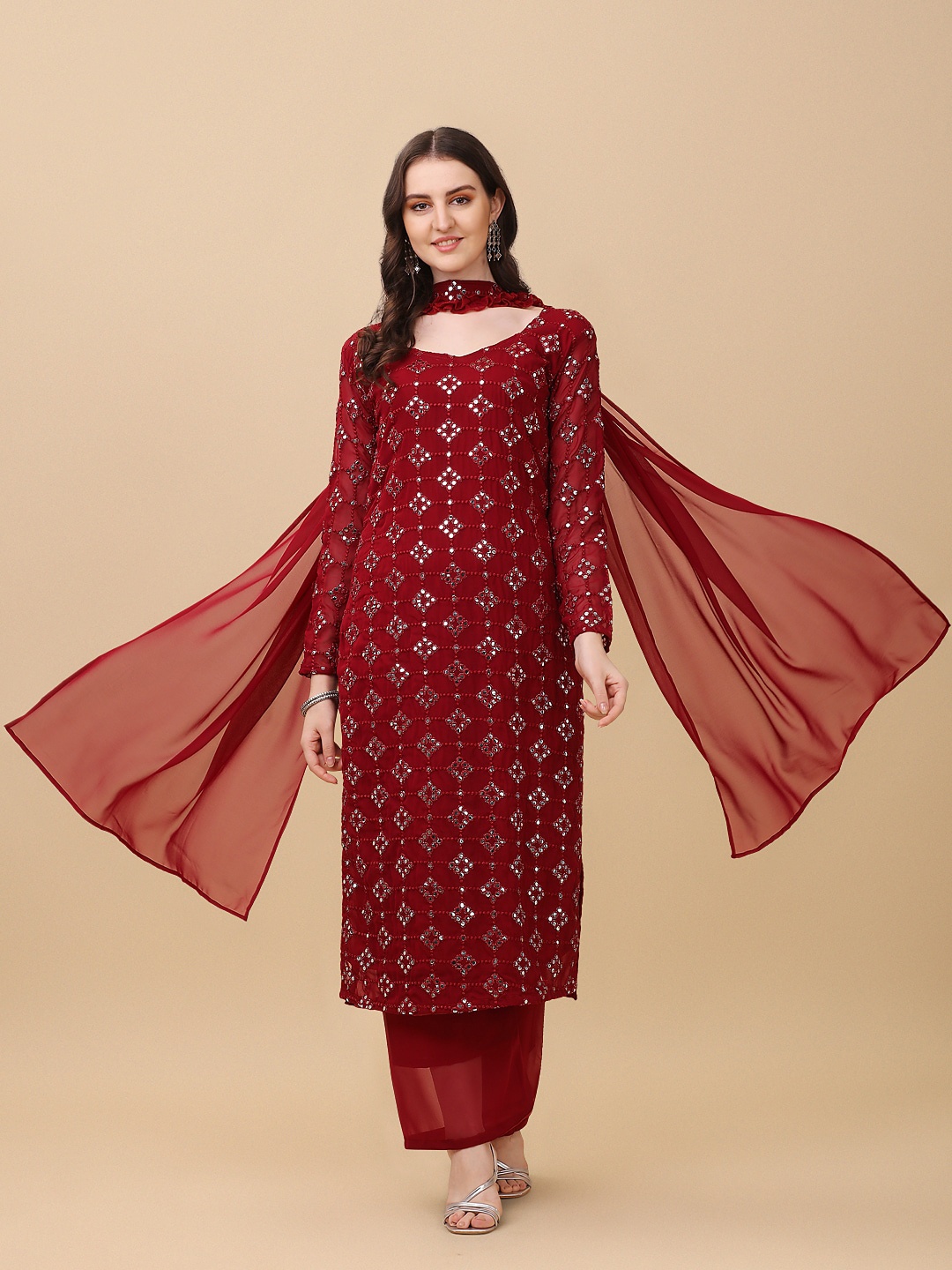 

Virah Fashion Women Maroon Embroidered Mirror Work Kurta With Palazzo And Dupatta