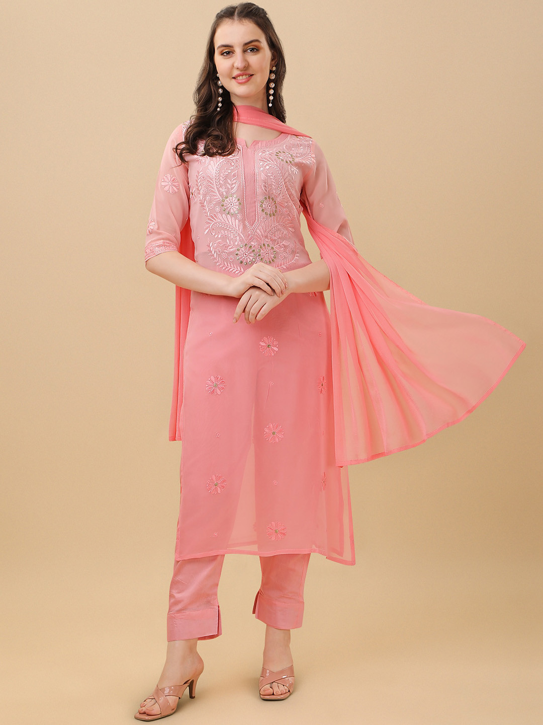 

Virah Fashion Women Pink Embroidered Straight Kurta with Trousers & With Dupatta