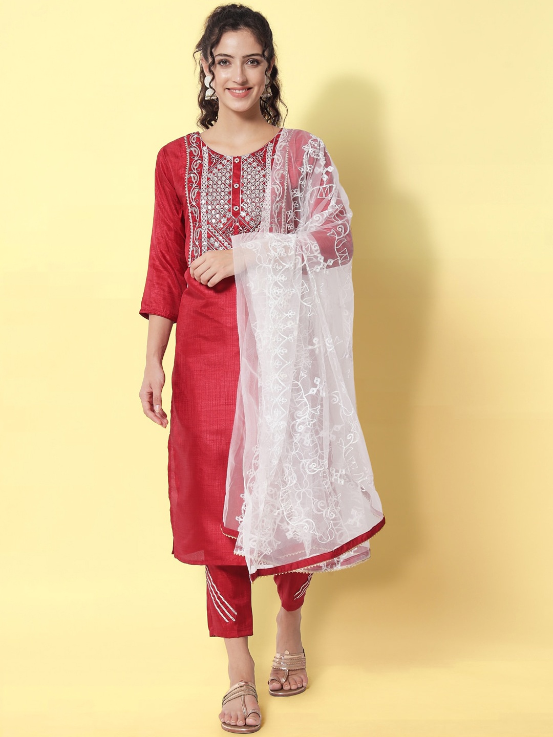

VredeVogel Women Ethnic Motifs Embroidered Kurta with Trousers & Dupatta, Red
