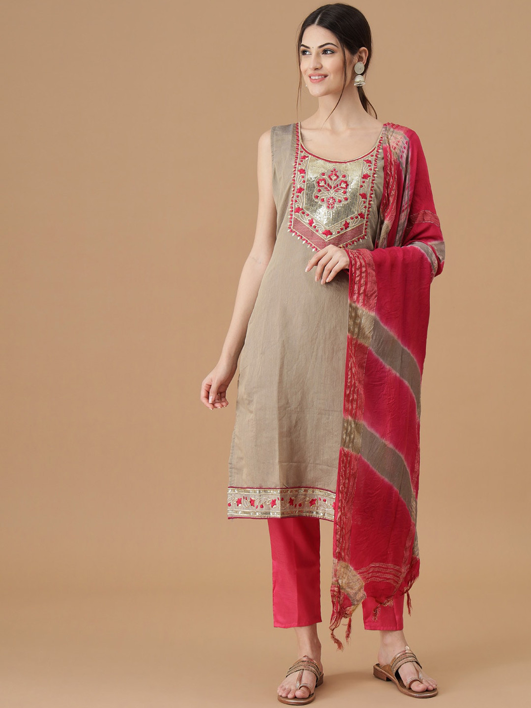 

VredeVogel Women Ethnic Motifs Embroidered Chanderi Silk Kurta & Trouser & With Dupatta, Beige