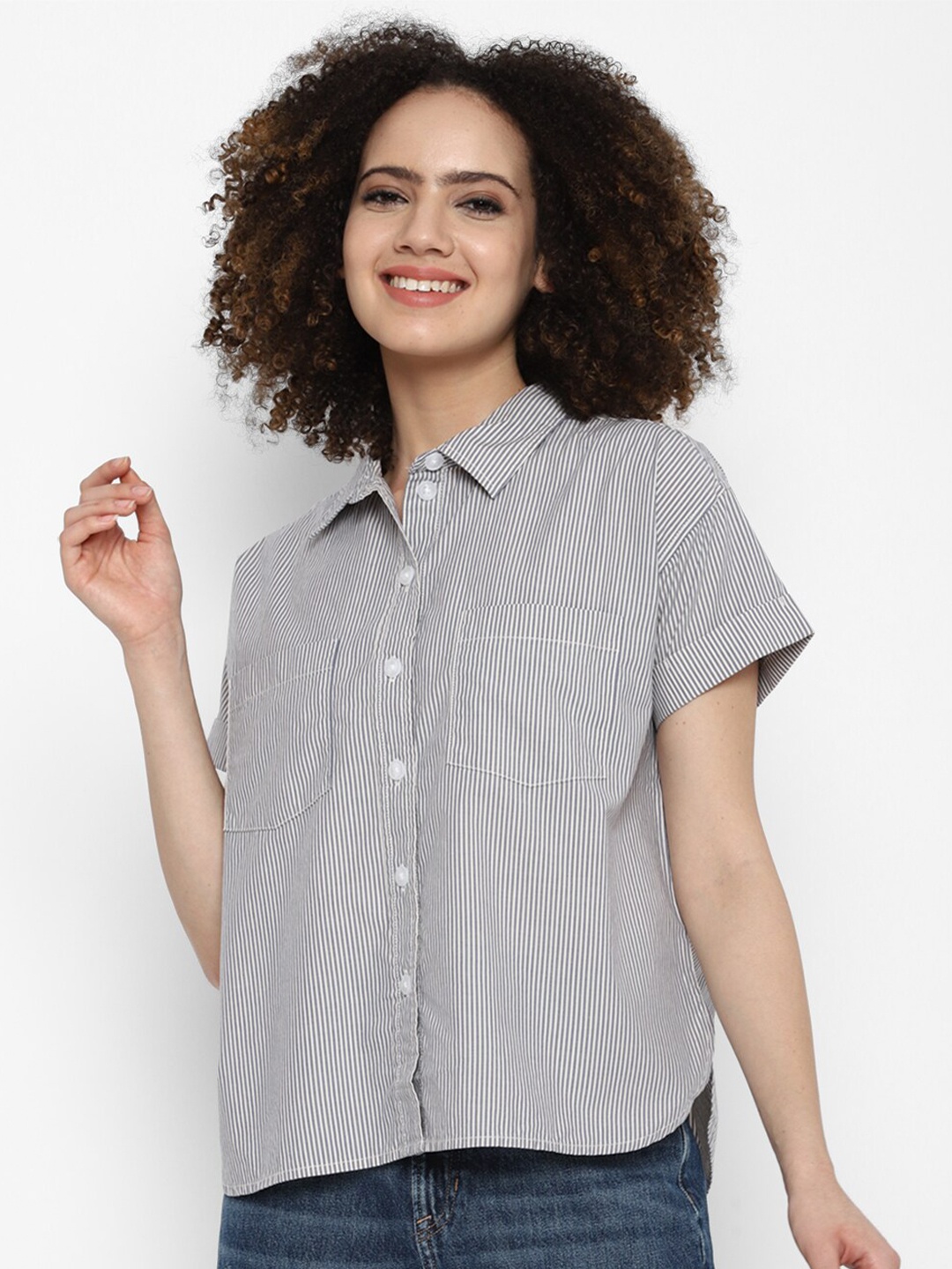 

AMERICAN EAGLE OUTFITTERS Women Grey Pinstripes Striped Casual Shirt