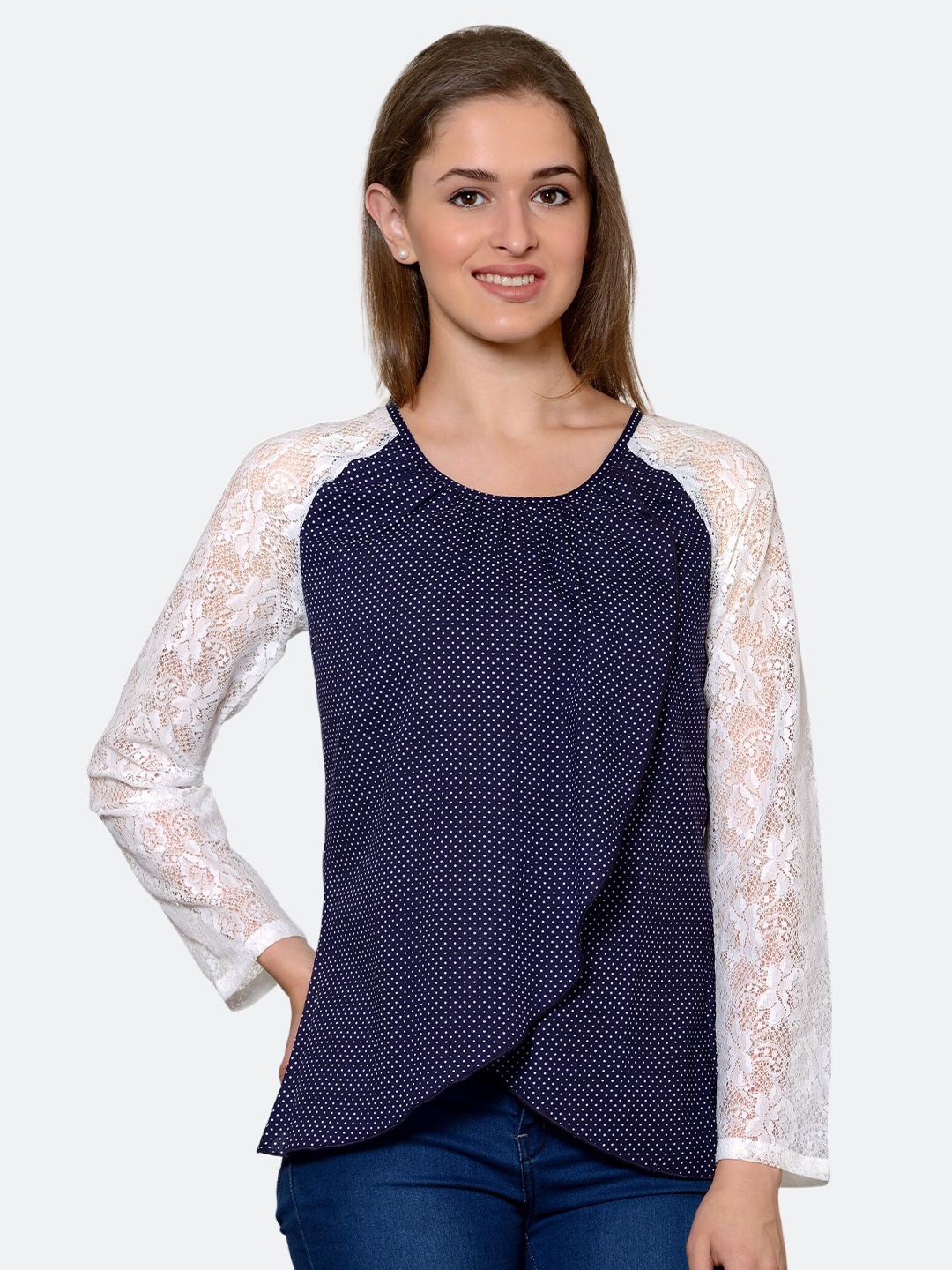 

PATRORNA Women Navy Blue & White Polka Dots Printed Cotton Blend Wrap Top
