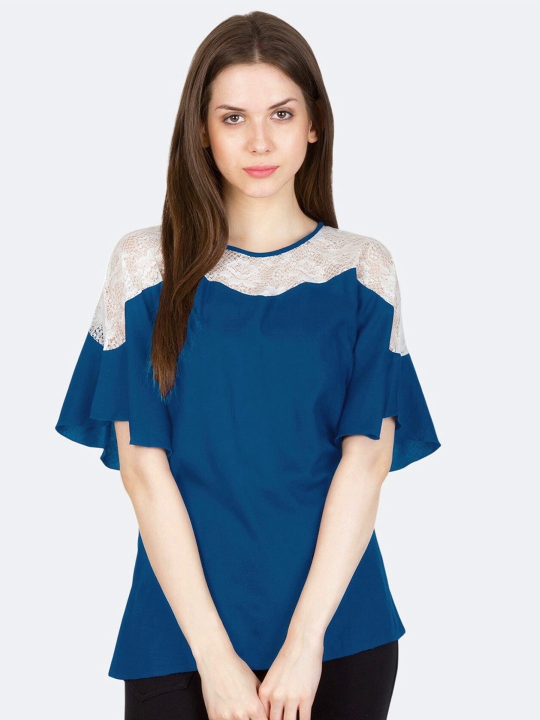 

PATRORNA Blue & White Round Neck Flared Sleeves Cotton Blend Top