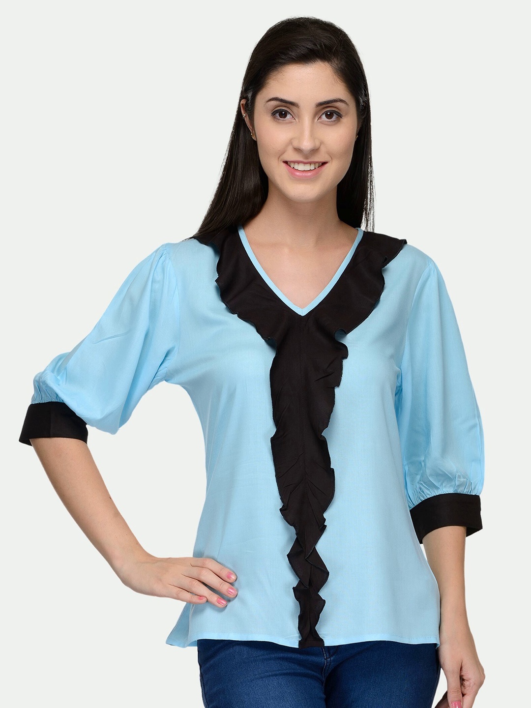 

PATRORNA Plus Size Blue & Black Ruffles Top