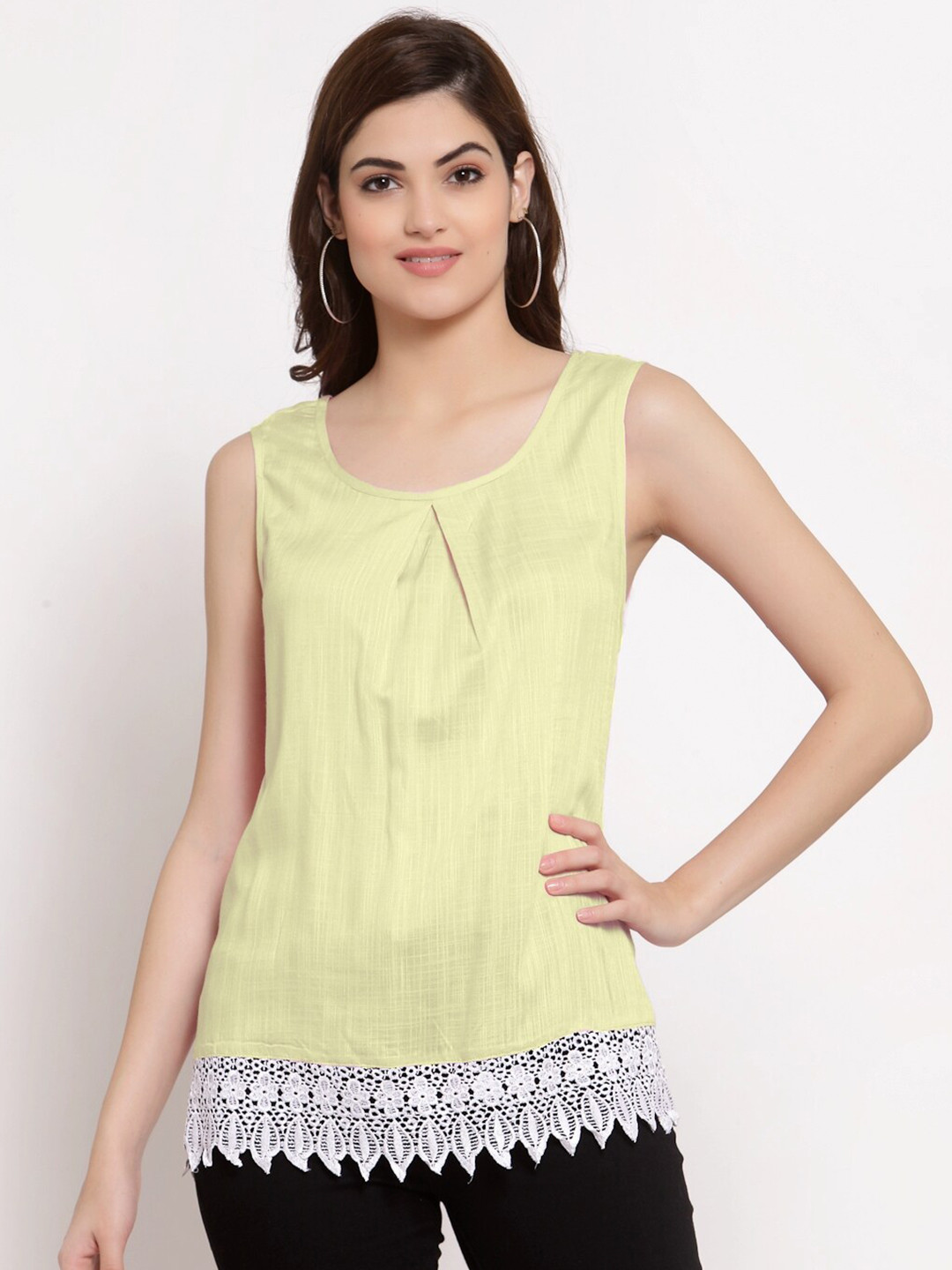 

PATRORNA Women Plus Size Cream-Colored Solid Lace Detail Top