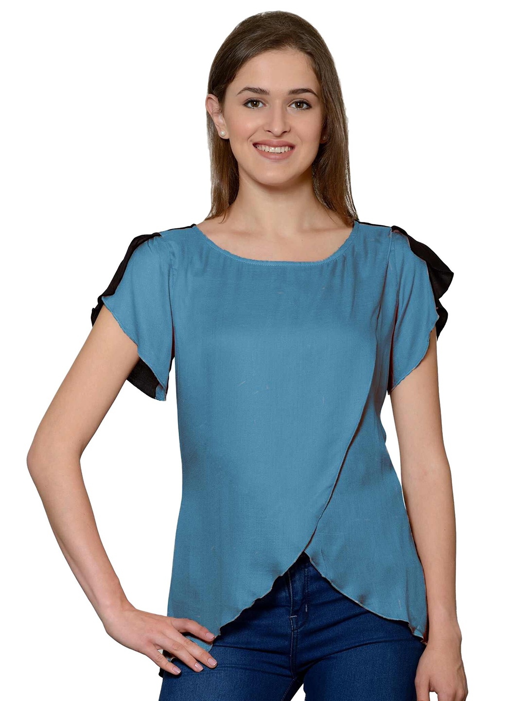 

PATRORNA Plus Size Blue & Black Ruffles Wrap Top