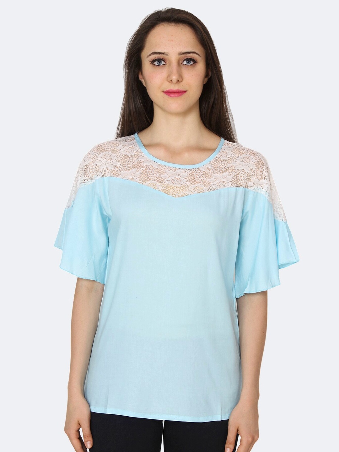 

PATRORNA Women Blue Round Neck Lace-Detail Top