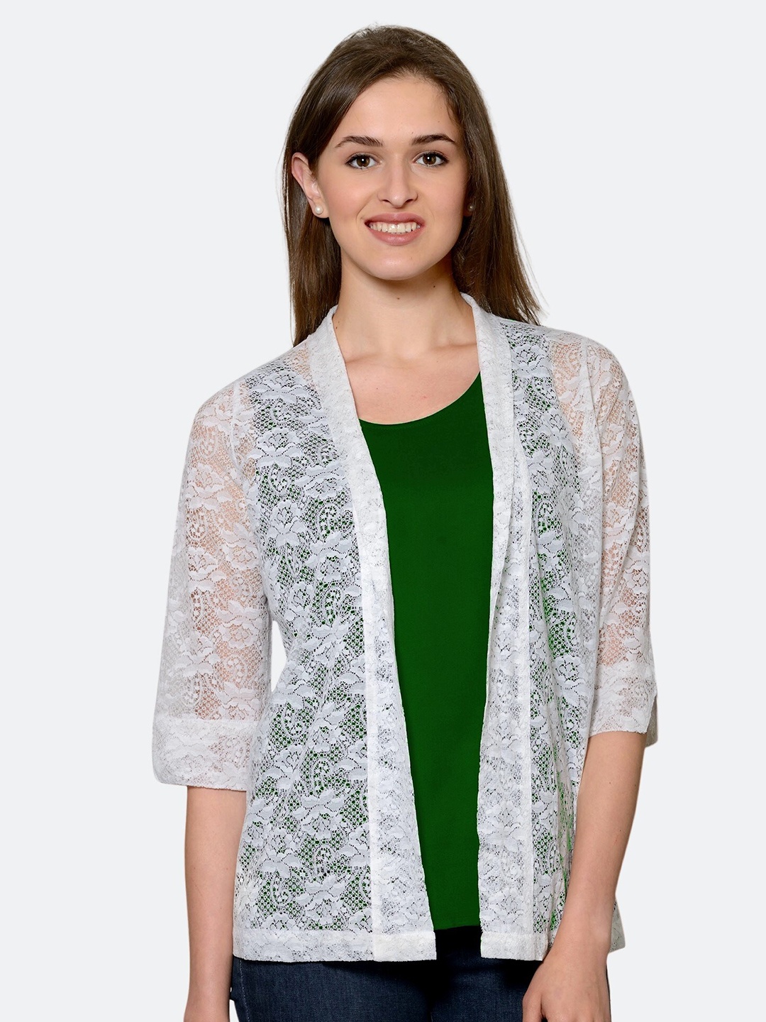 

PATRORNA Plus Size White & Green Top with Shrug