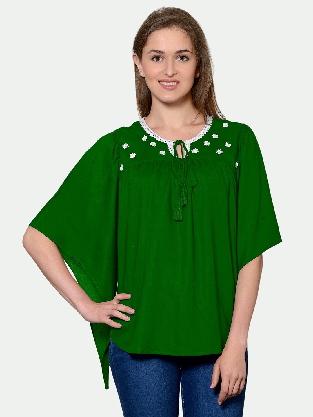 

PATRORNA Plus Size Green Tie-Up Neck Top