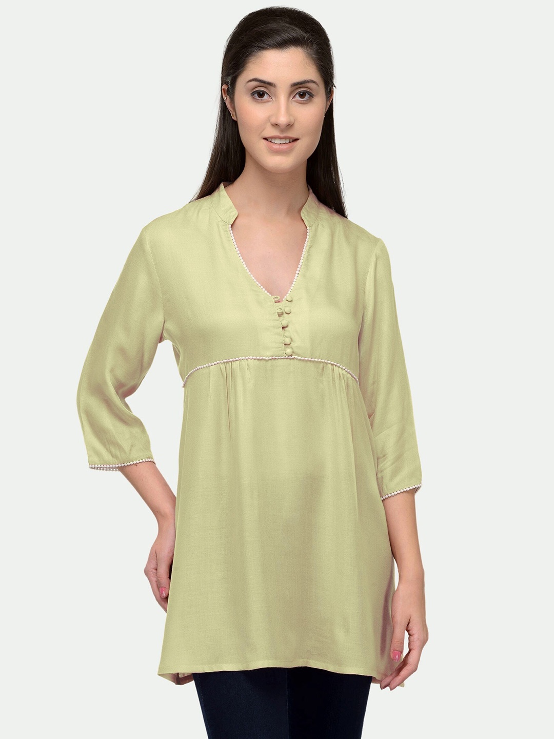 

PATRORNA Cream-Coloured Mandarin Collar Longline Top