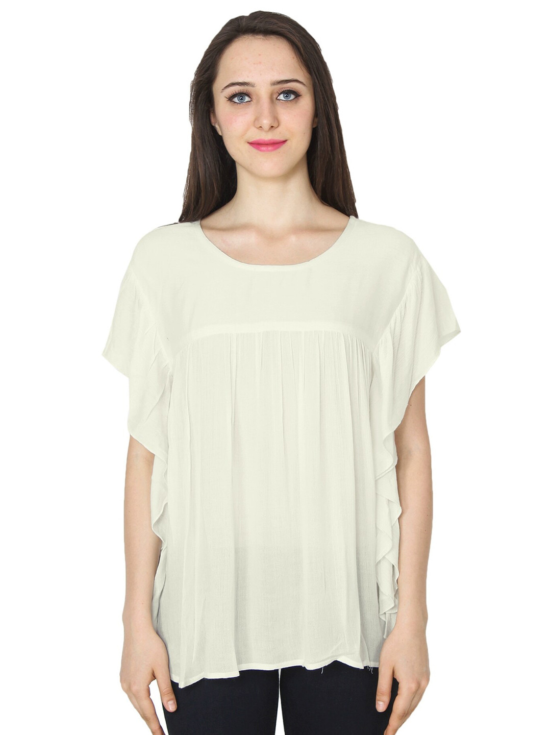 

PATRORNA Women Off White Solid Cotton Blend Pleated Top