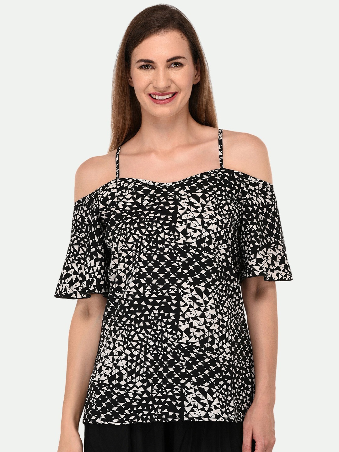 

PATRORNA Black & Off White Geometric Print Top