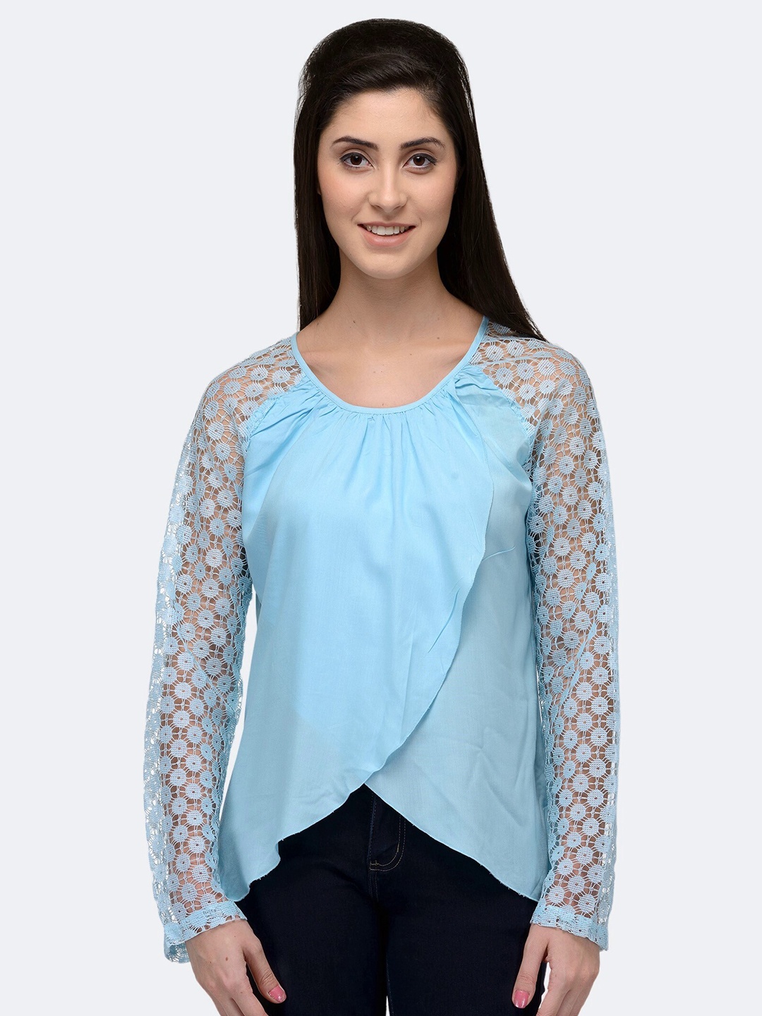 

PATRORNA Blue Solid Round Neck Long Sleeves Top