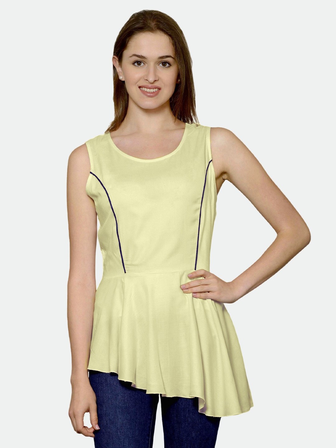 

PATRORNA Cream-Coloured & Navy Blue Solid Peplum Top