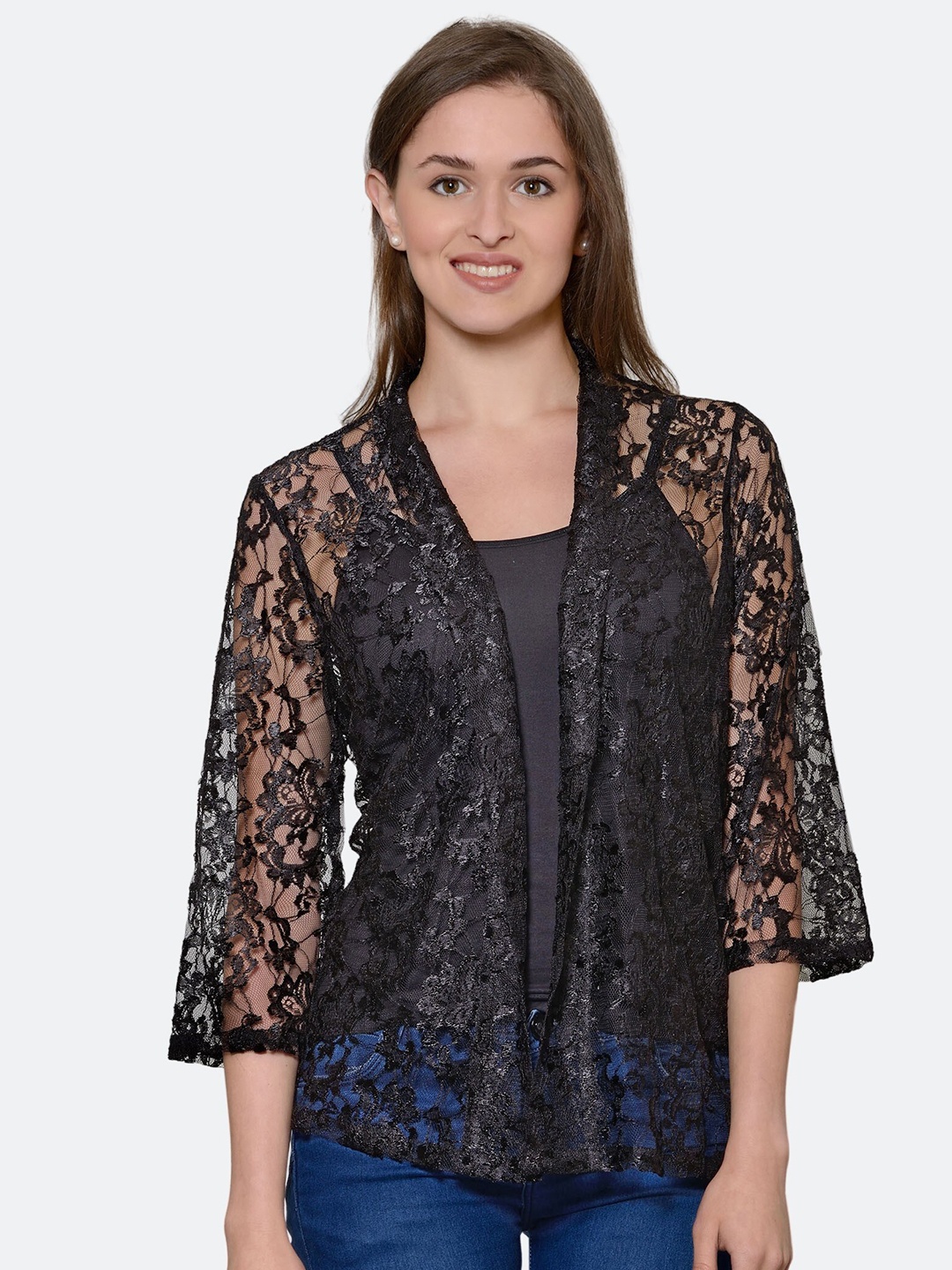 

PATRORNA Women Plus Size Black Self Design Top with Shrug