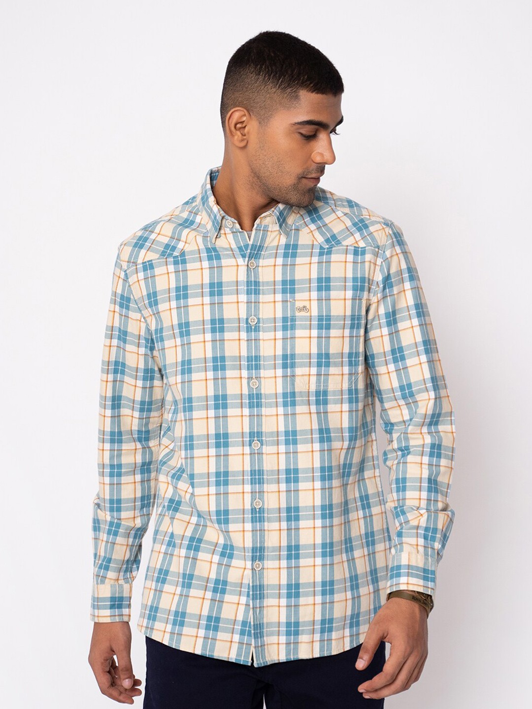 

Royal Enfield Men Tartan Checked Casual Shirt, Beige