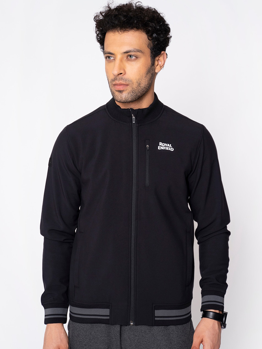 

Royal Enfield Men Black Striped Crop Bomber Jacket