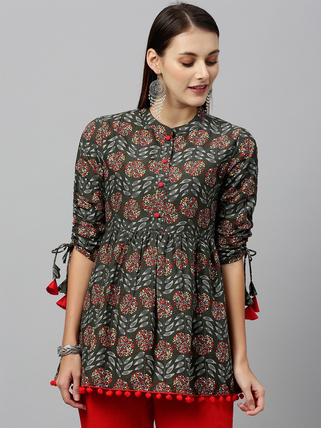 

kipek Green & Red Floral Print Mandarin Collar Pure Cotton Top